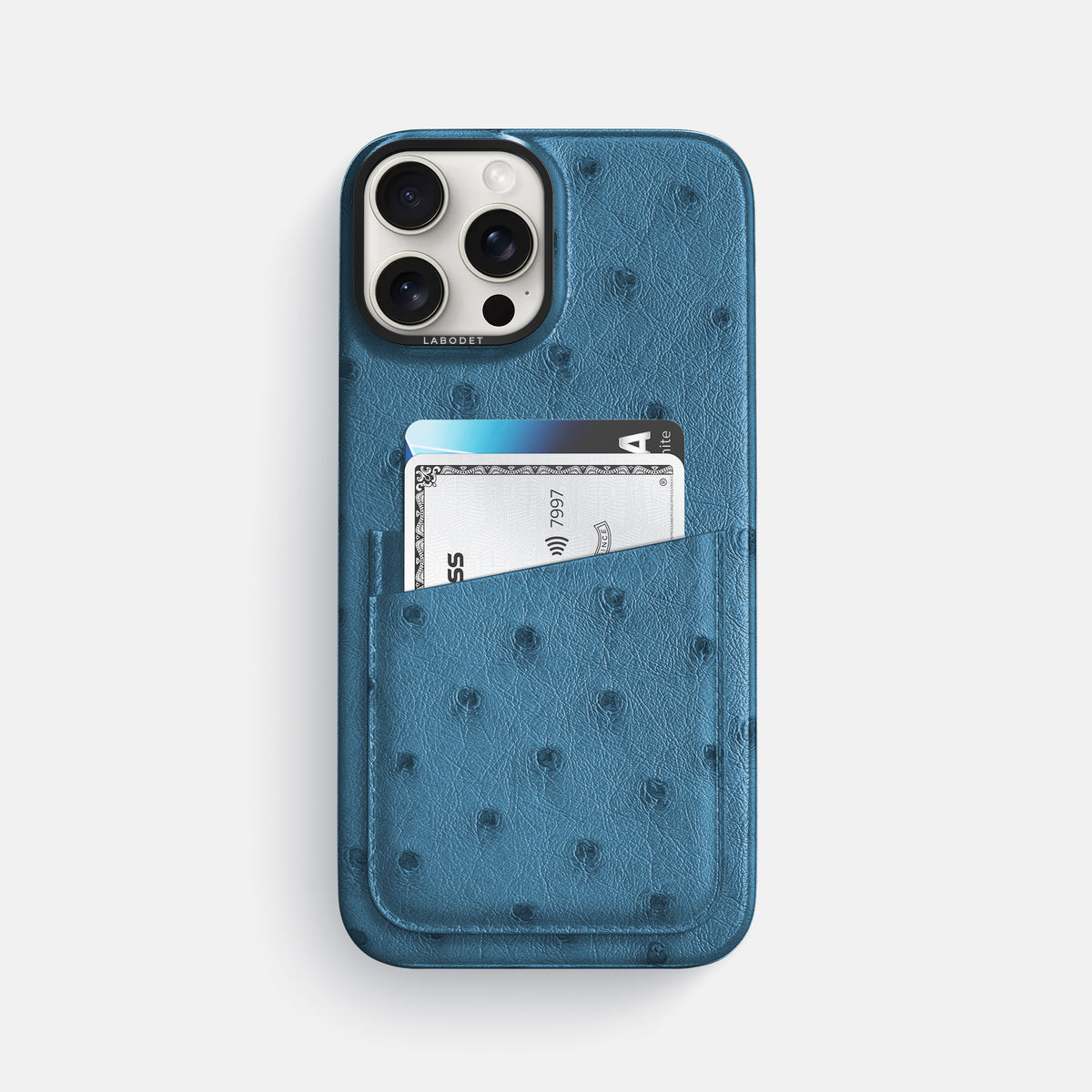 Blue-Jeans iPhone 16 Pro Max Card Case Ostrich with Black Metal -1 | Blue-Jeans-Black