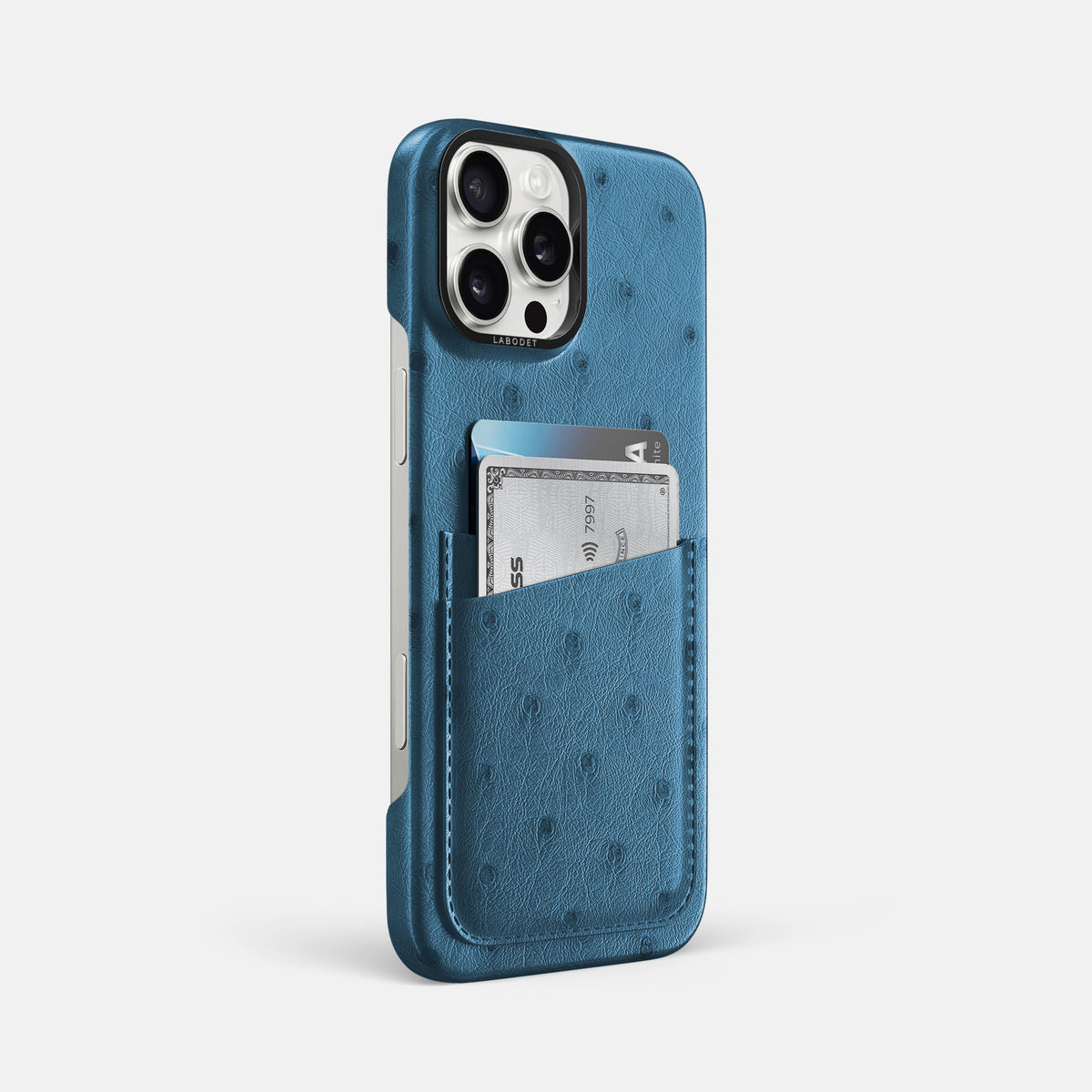Blue-Jeans iPhone 16 Pro Max Card Case Ostrich with Black Metal -2 | Blue-Jeans-Black