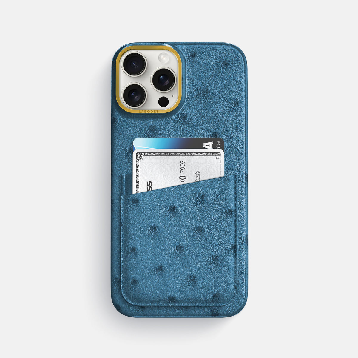 Blue-Jeans iPhone 16 Pro Max Card Case Ostrich with Gold Metal -1 | Blue-Jeans-Gold