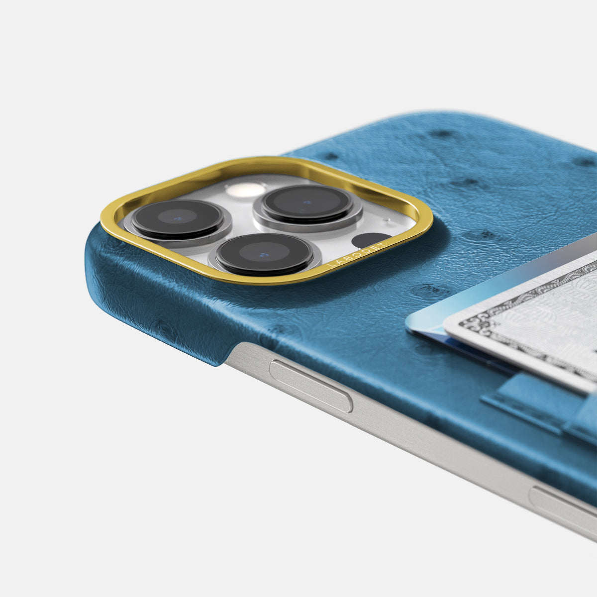Blue-Jeans iPhone 16 Pro Max Card Case Ostrich with Gold Metal -5 | Blue-Jeans-Gold