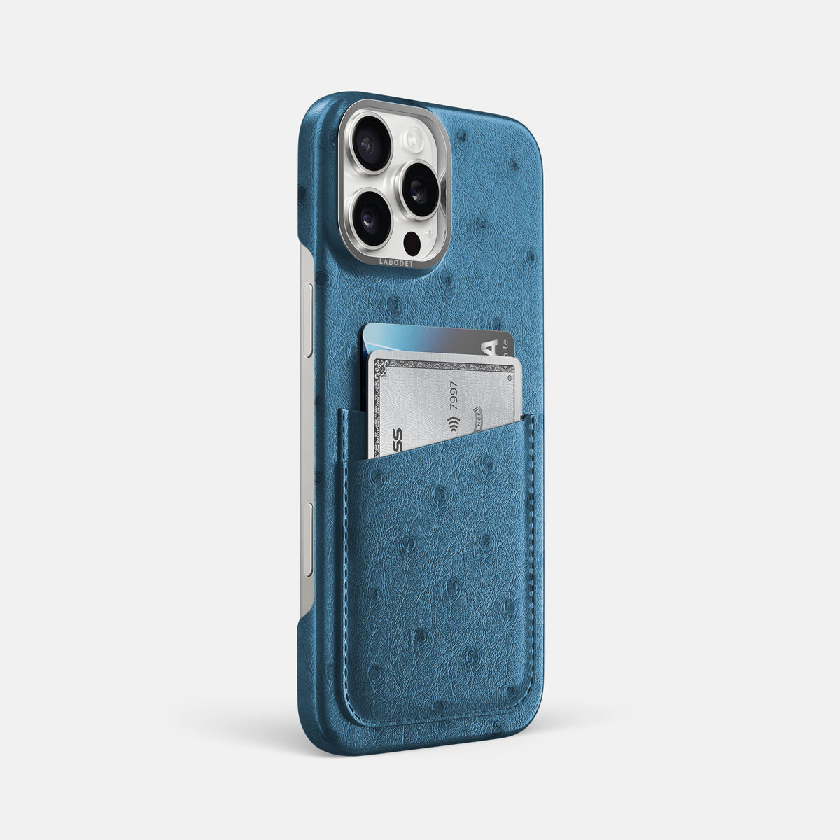 Blue-Jeans iPhone 16 Pro Max Card Case Ostrich with Steel Metal -2 | Blue-Jeans-Steel