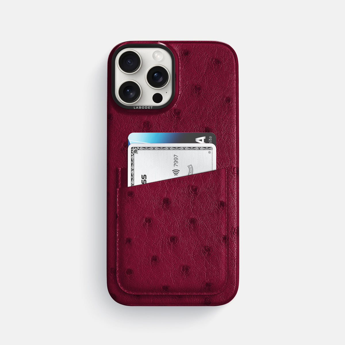 Bordeaux iPhone 16 Pro Max Card Case Ostrich with Black Metal -1 | Bordeaux-Black