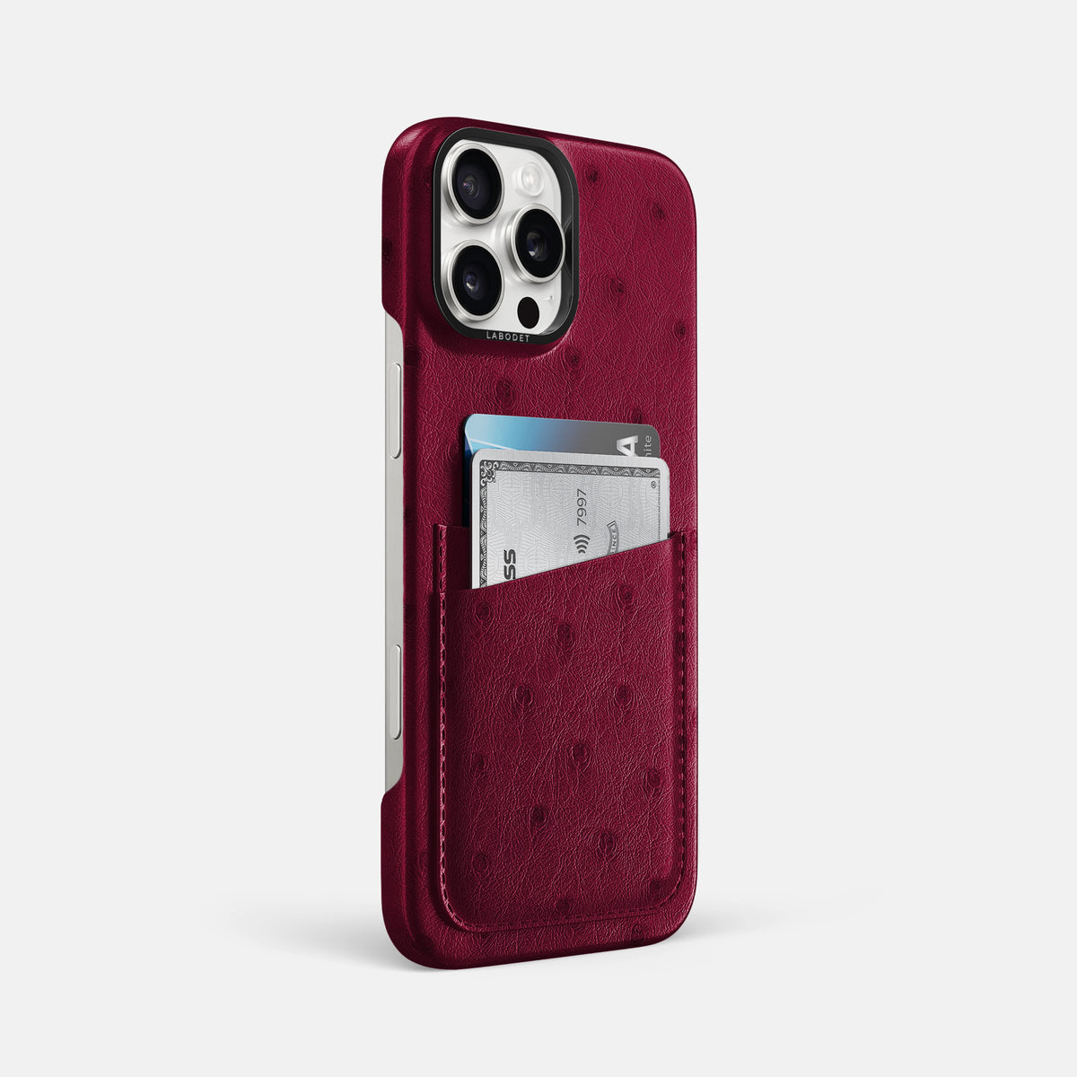 Bordeaux iPhone 16 Pro Max Card Case Ostrich with Black Metal -2 | Bordeaux-Black