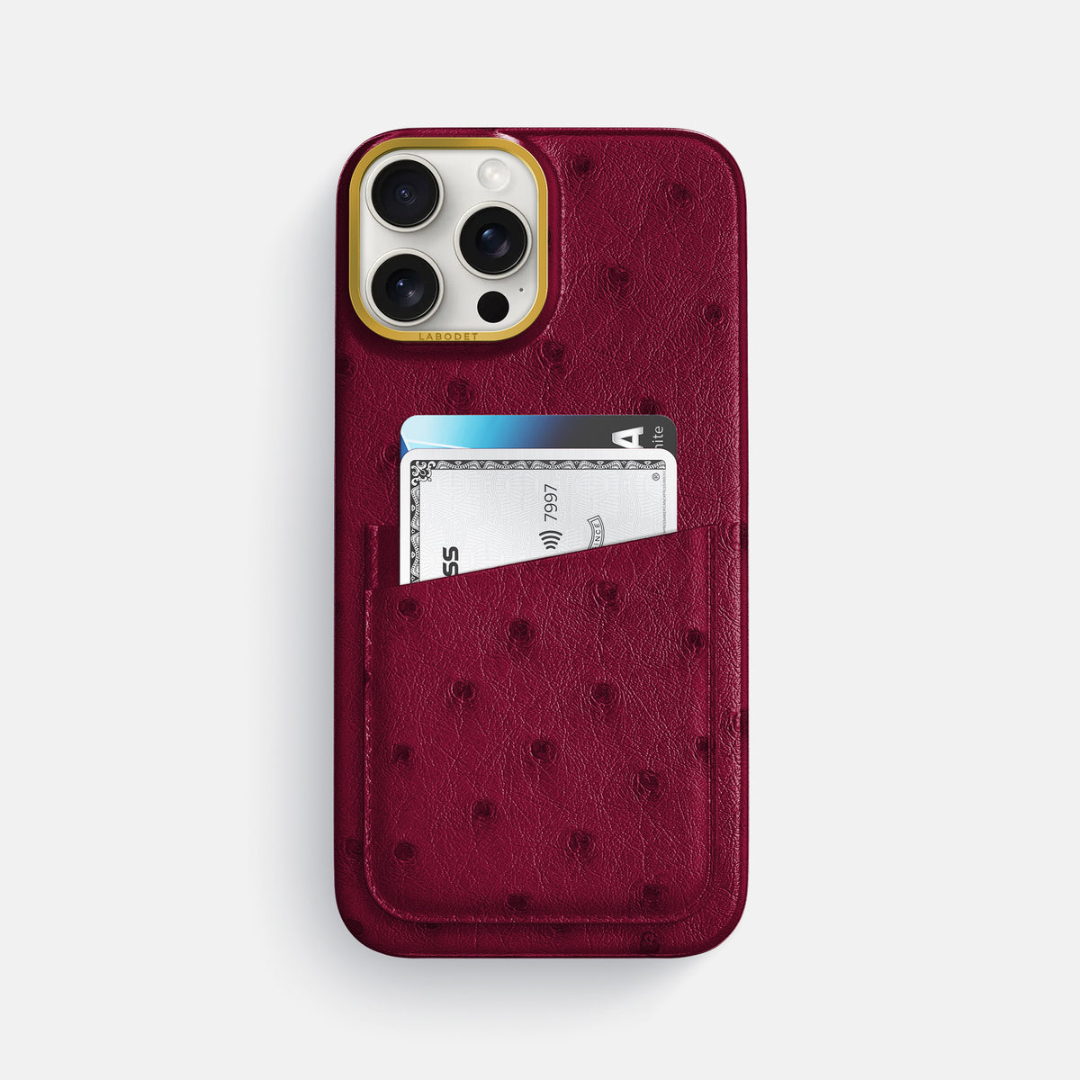 Bordeaux iPhone 16 Pro Max Card Case Ostrich with Gold Metal -1 | Bordeaux-Gold