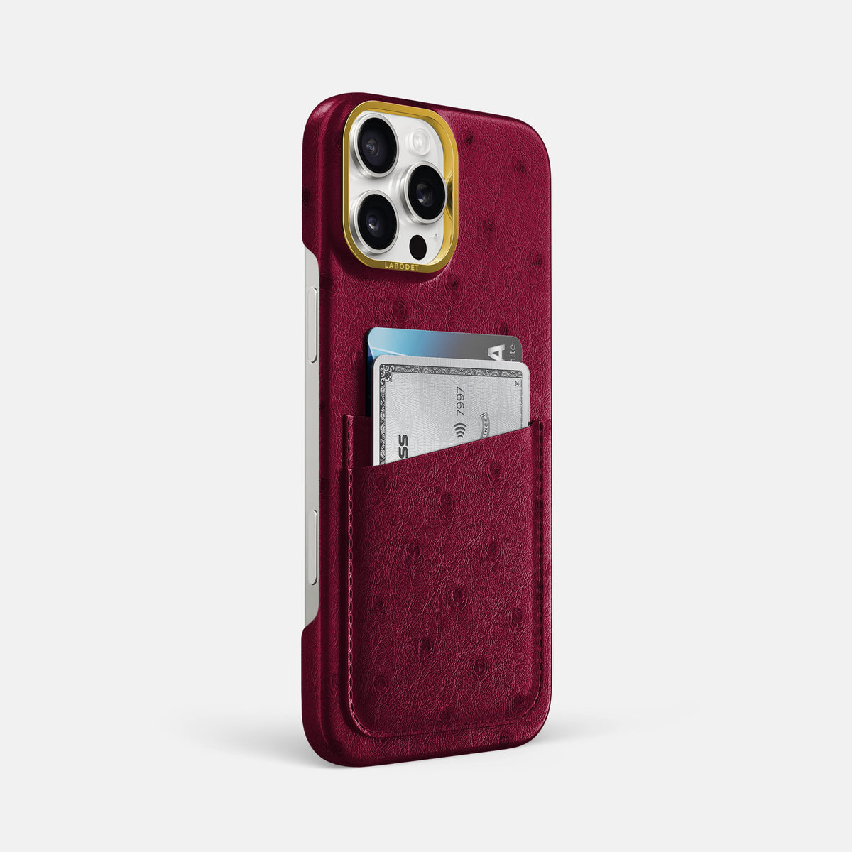 Bordeaux iPhone 16 Pro Max Card Case Ostrich with Gold Metal -2 | Bordeaux-Gold