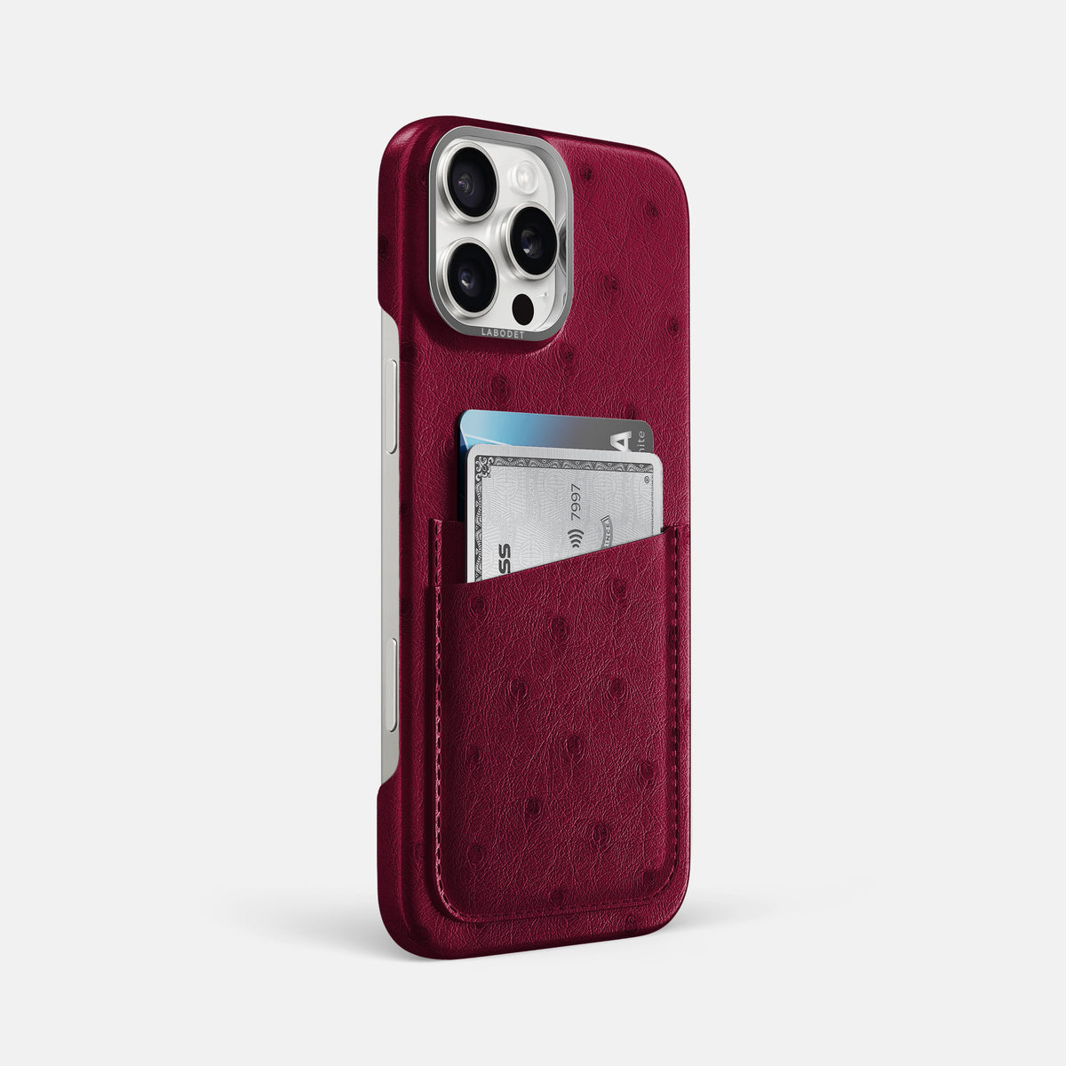 Bordeaux iPhone 16 Pro Max Card Case Ostrich with Steel Metal -2 | Bordeaux-Steel