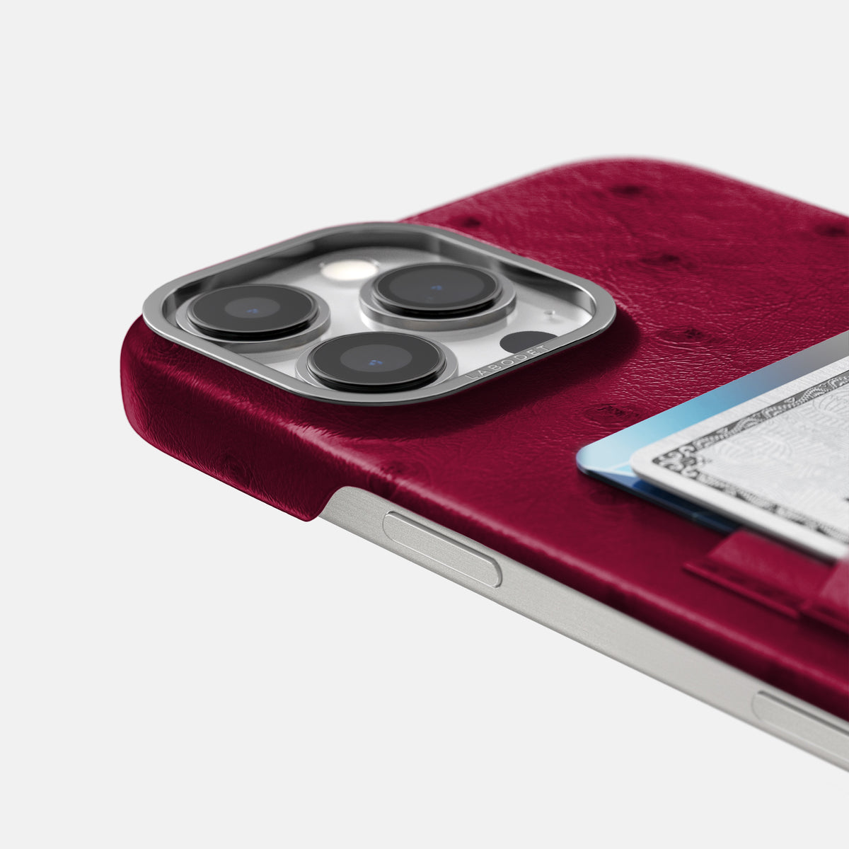 Bordeaux iPhone 16 Pro Max Card Case Ostrich with Steel Metal -5 | Bordeaux-Steel