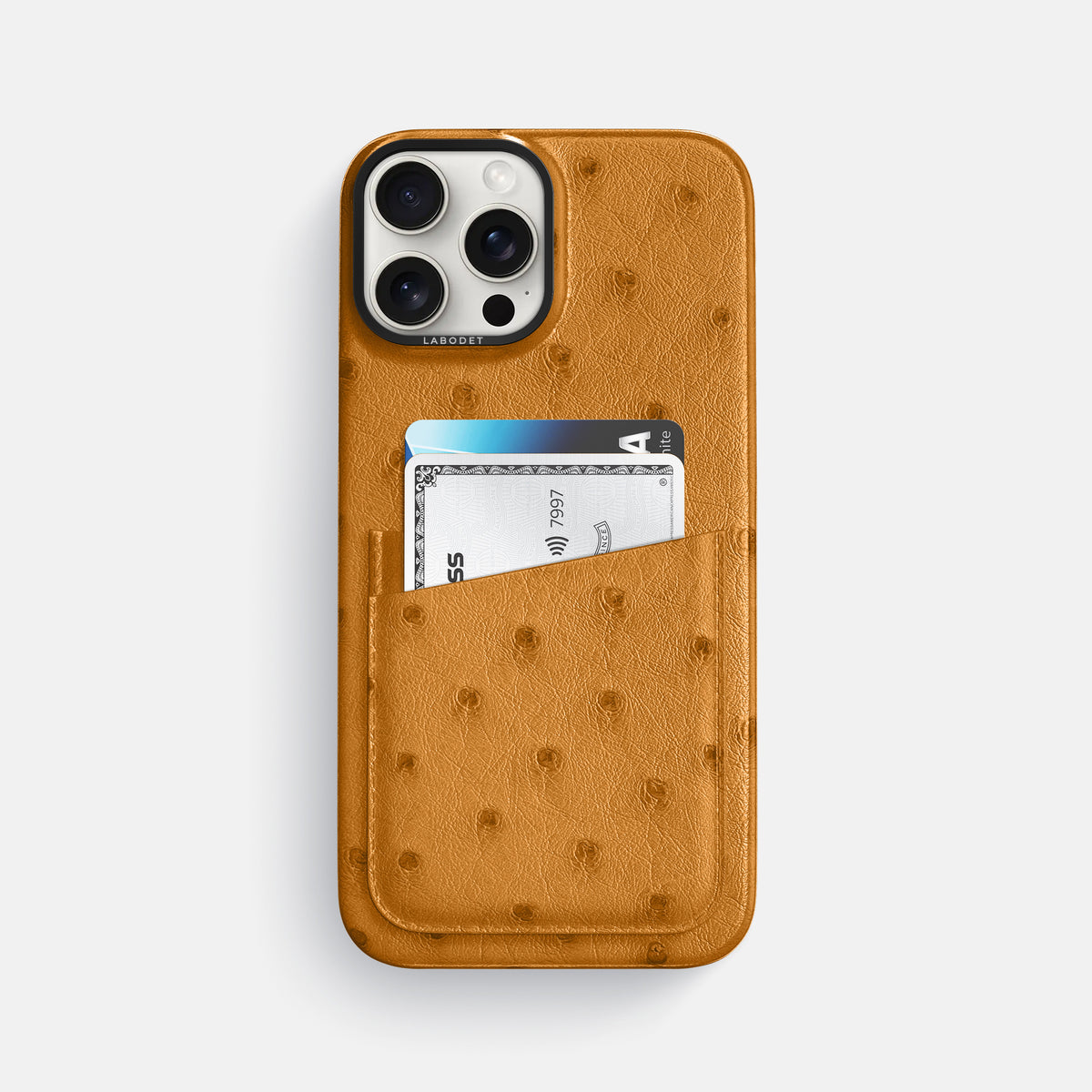 Chestnut iPhone 16 Pro Max Card Case Ostrich with Black Metal -1 | Chestnut-Black