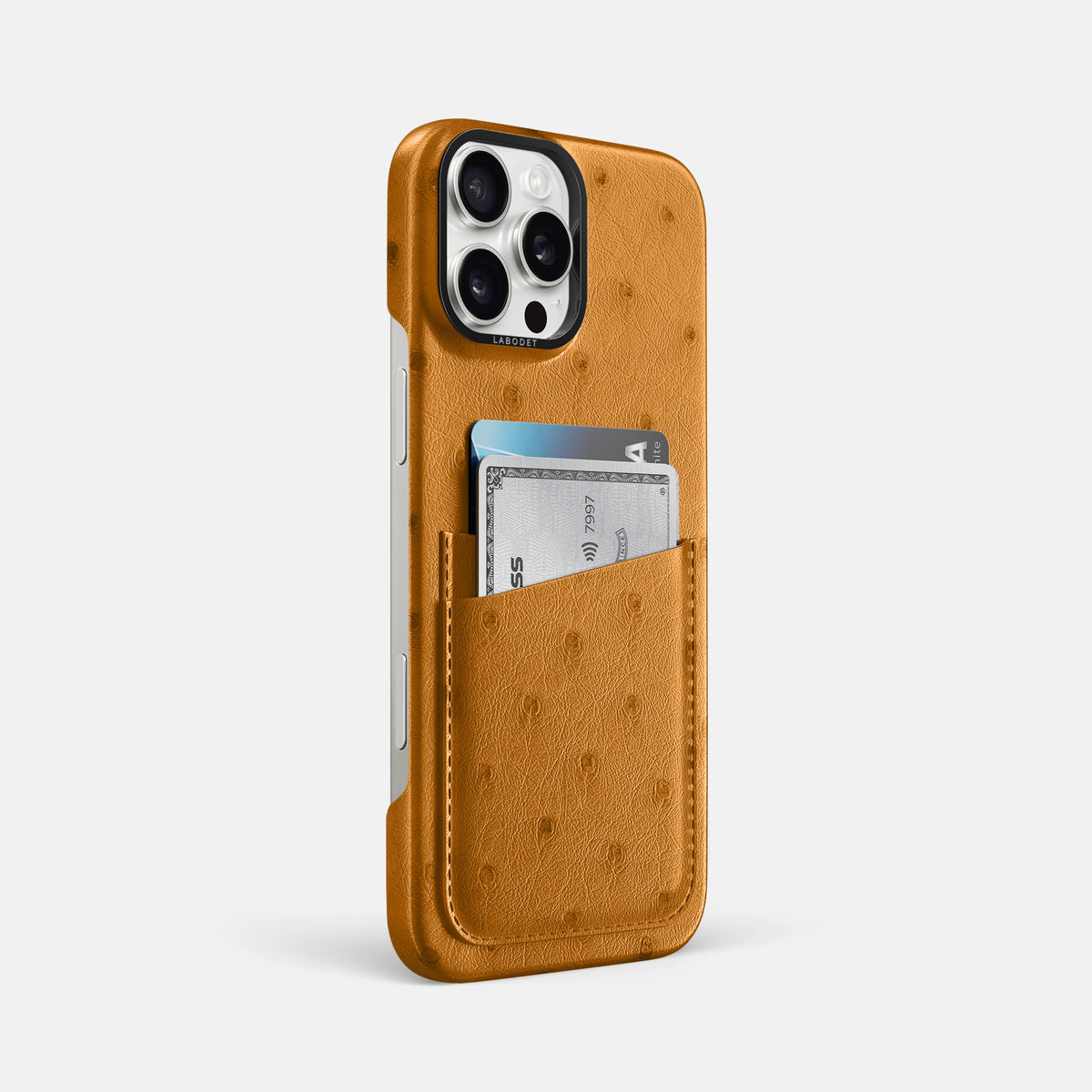 Chestnut iPhone 16 Pro Max Card Case Ostrich with Black Metal -2 | Chestnut-Black
