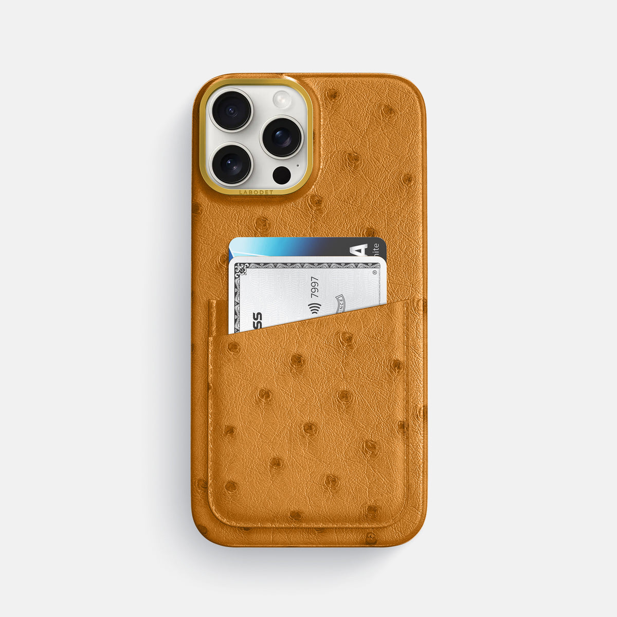 Chestnut iPhone 16 Pro Max Card Case Ostrich with Gold Metal -1 | Chestnut-Gold