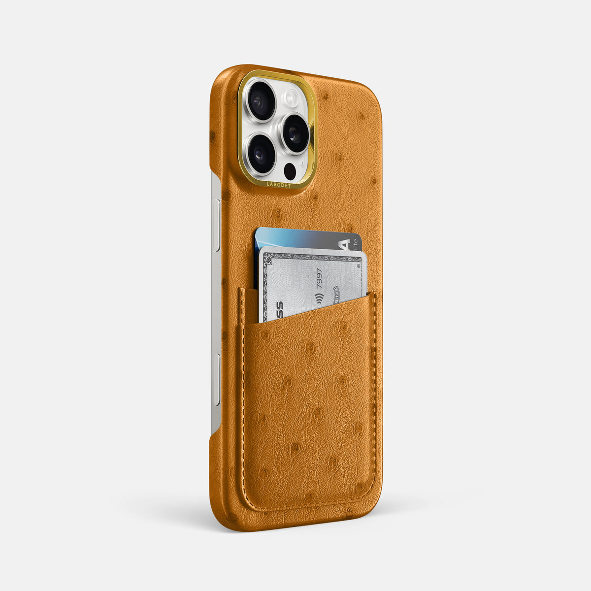 Chestnut iPhone 16 Pro Max Card Case Ostrich with Gold Metal -2 | Chestnut-Gold