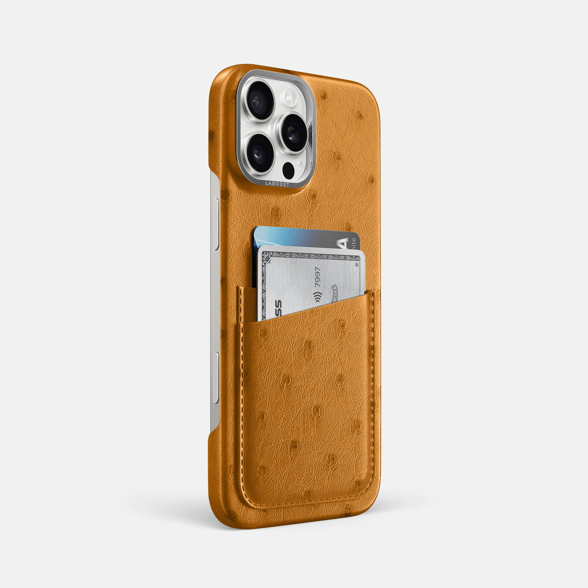 Chestnut iPhone 16 Pro Max Card Case Ostrich with Steel Metal -2 | Chestnut-Steel