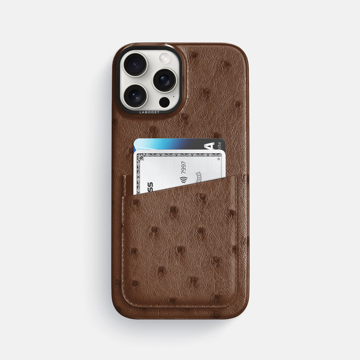 Chocolate iPhone 16 Pro Max Card Case Ostrich with Black Metal -1 | Chocolate-Black