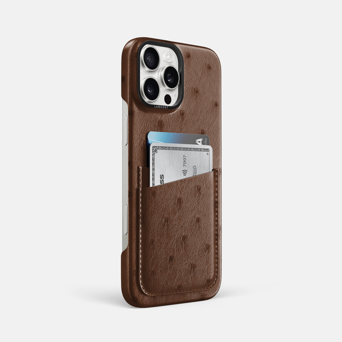 Chocolate iPhone 16 Pro Max Card Case Ostrich with Black Metal -2 | Chocolate-Black