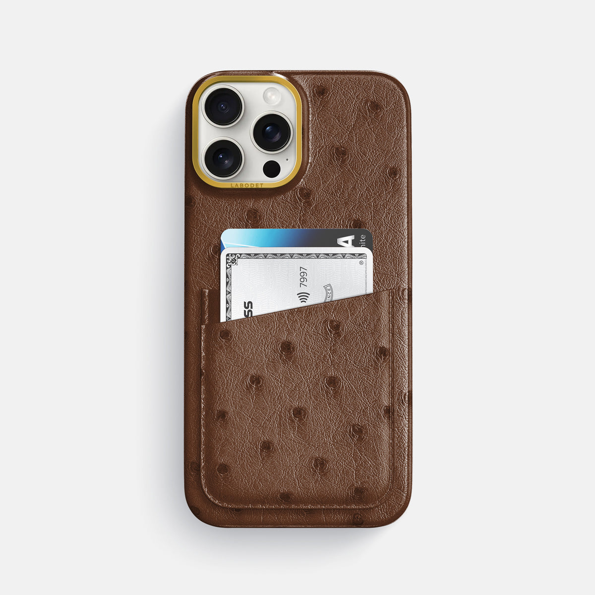 Chocolate iPhone 16 Pro Max Card Case Ostrich with Gold Metal -1 | Chocolate-Gold