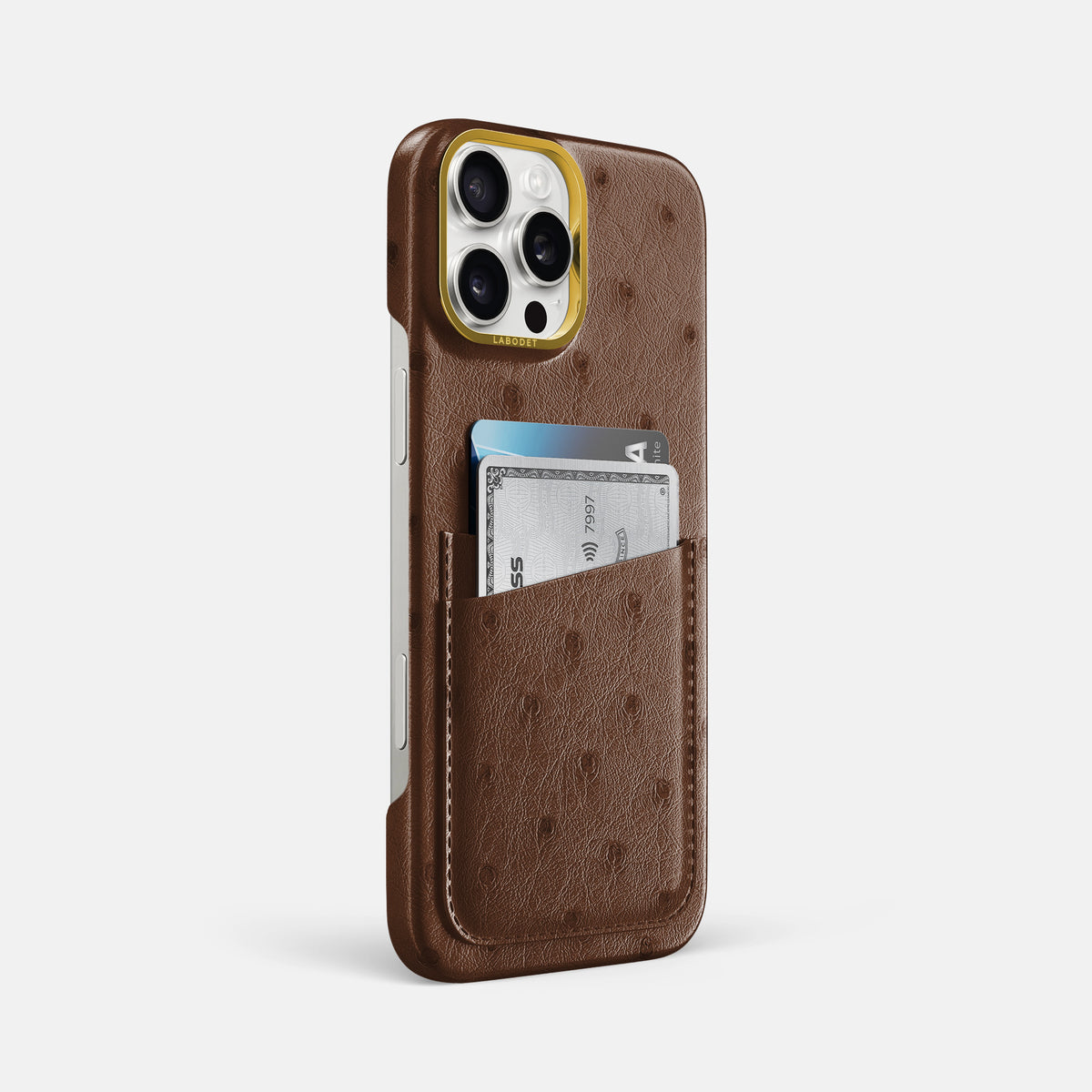 Chocolate iPhone 16 Pro Max Card Case Ostrich with Gold Metal -2 | Chocolate-Gold