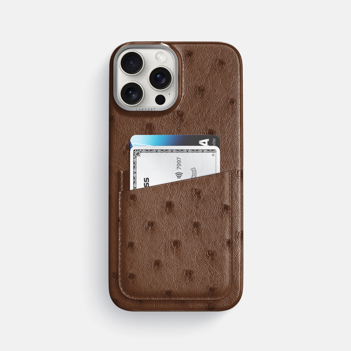 Chocolate iPhone 16 Pro Max Card Case Ostrich with Steel Metal -1 | Chocolate-Steel