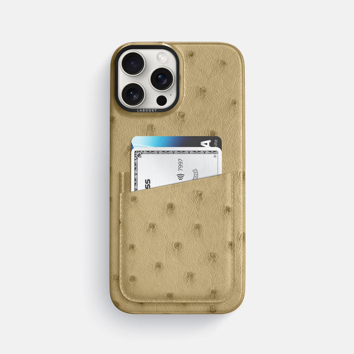 Desert-Sand iPhone 16 Pro Max Card Case Ostrich with Black Metal -1 | Desert-Sand-Black
