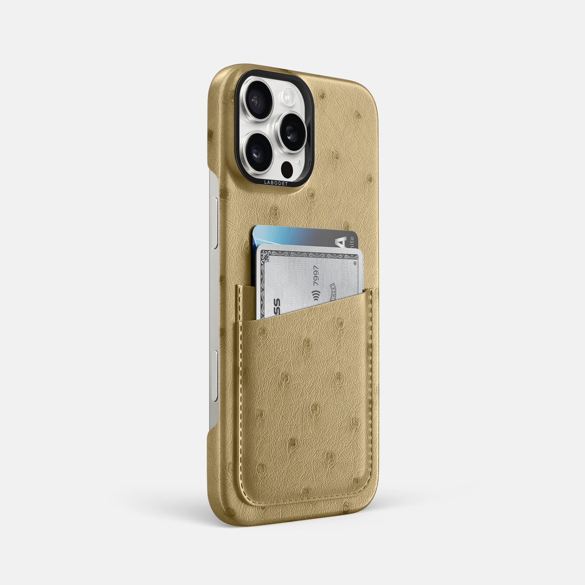 Desert-Sand iPhone 16 Pro Max Card Case Ostrich with Black Metal -2 | Desert-Sand-Black