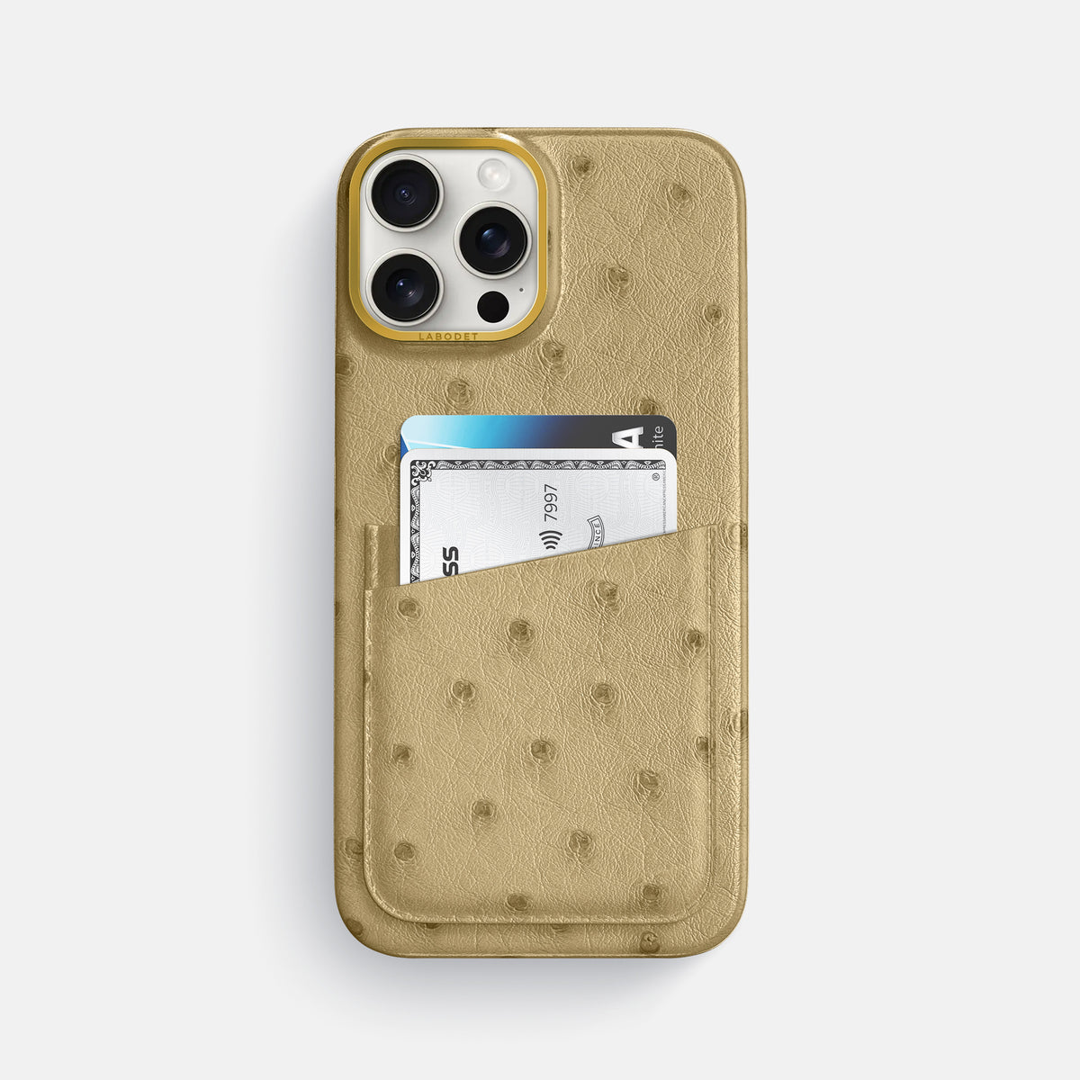 Desert-Sand iPhone 16 Pro Max Card Case Ostrich with Gold Metal -1 | Desert-Sand-Gold