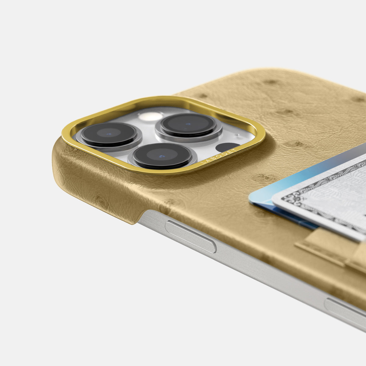Desert-Sand iPhone 16 Pro Max Card Case Ostrich with Gold Metal -5 | Desert-Sand-Gold