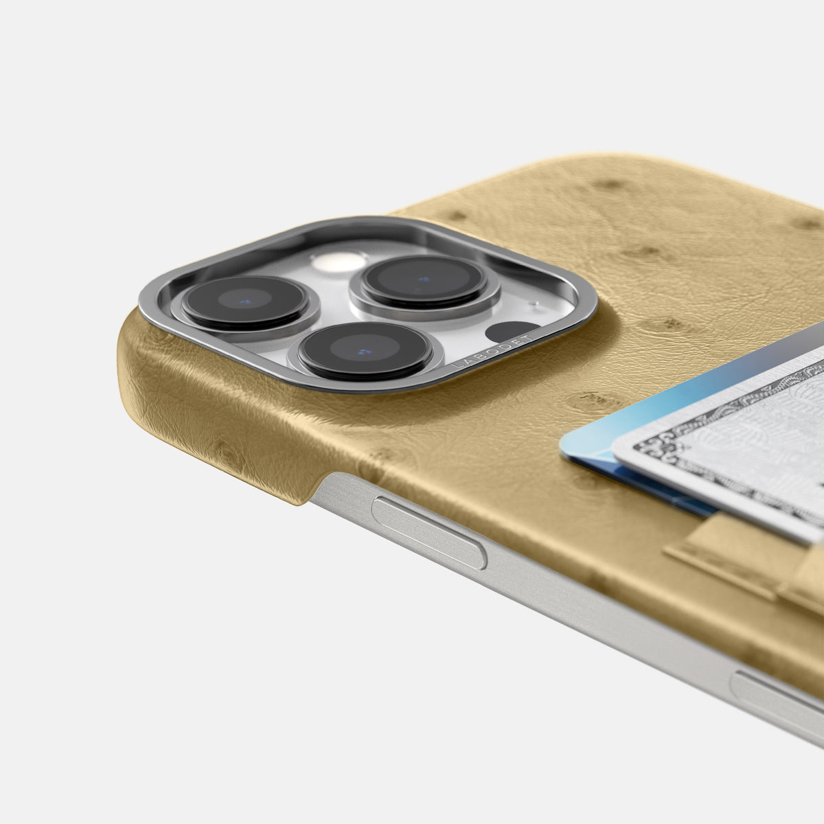Desert-Sand iPhone 16 Pro Max Card Case Ostrich with Steel Metal -5 | Desert-Sand-Steel
