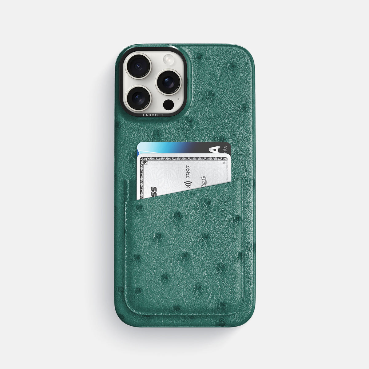 Forest-Green iPhone 16 Pro Max Card Case Ostrich with Black Metal -1 | Forest-Green-Black
