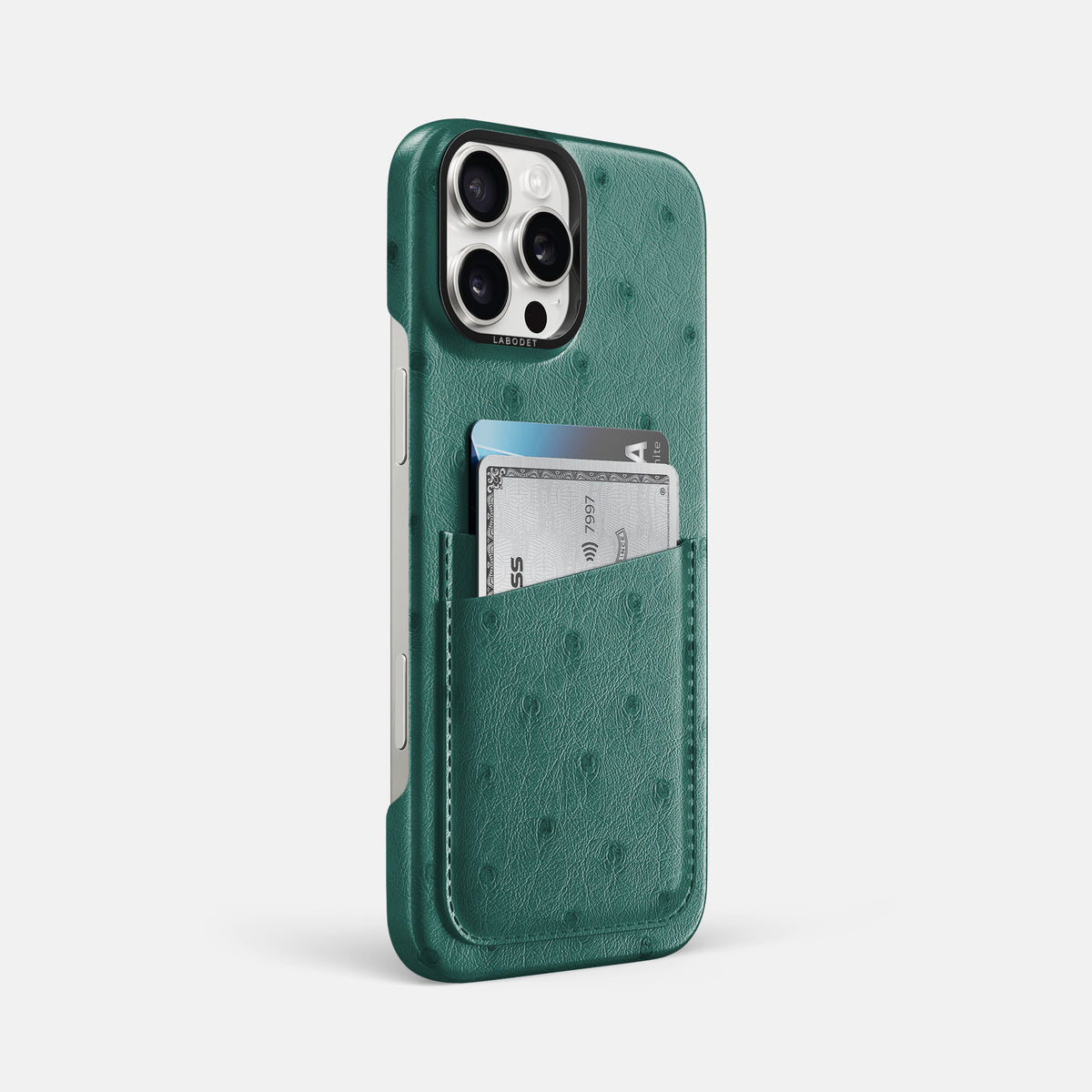 Forest-Green iPhone 16 Pro Max Card Case Ostrich with Black Metal -2 | Forest-Green-Black