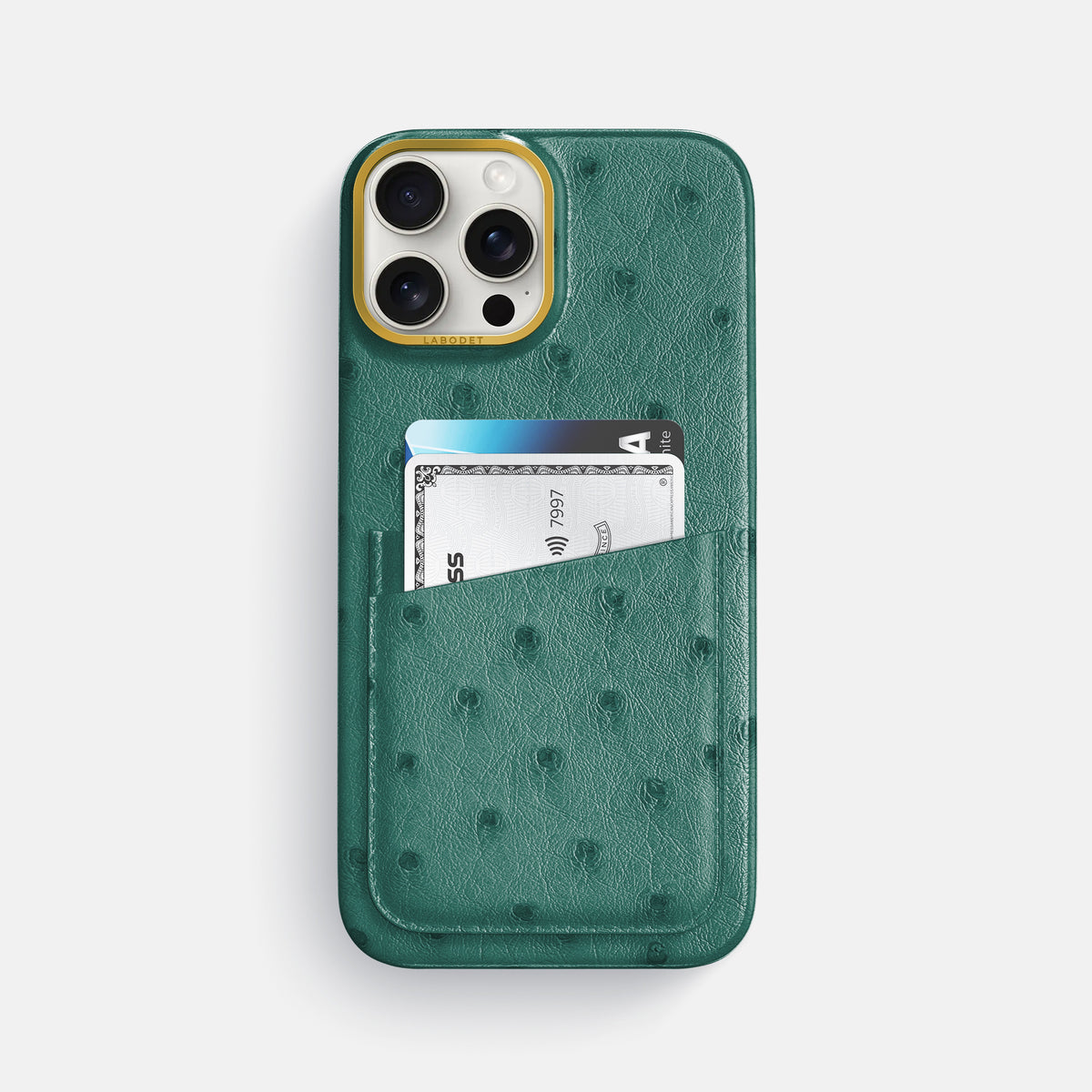 Forest-Green iPhone 16 Pro Max Card Case Ostrich with Gold Metal -1 | Forest-Green-Gold