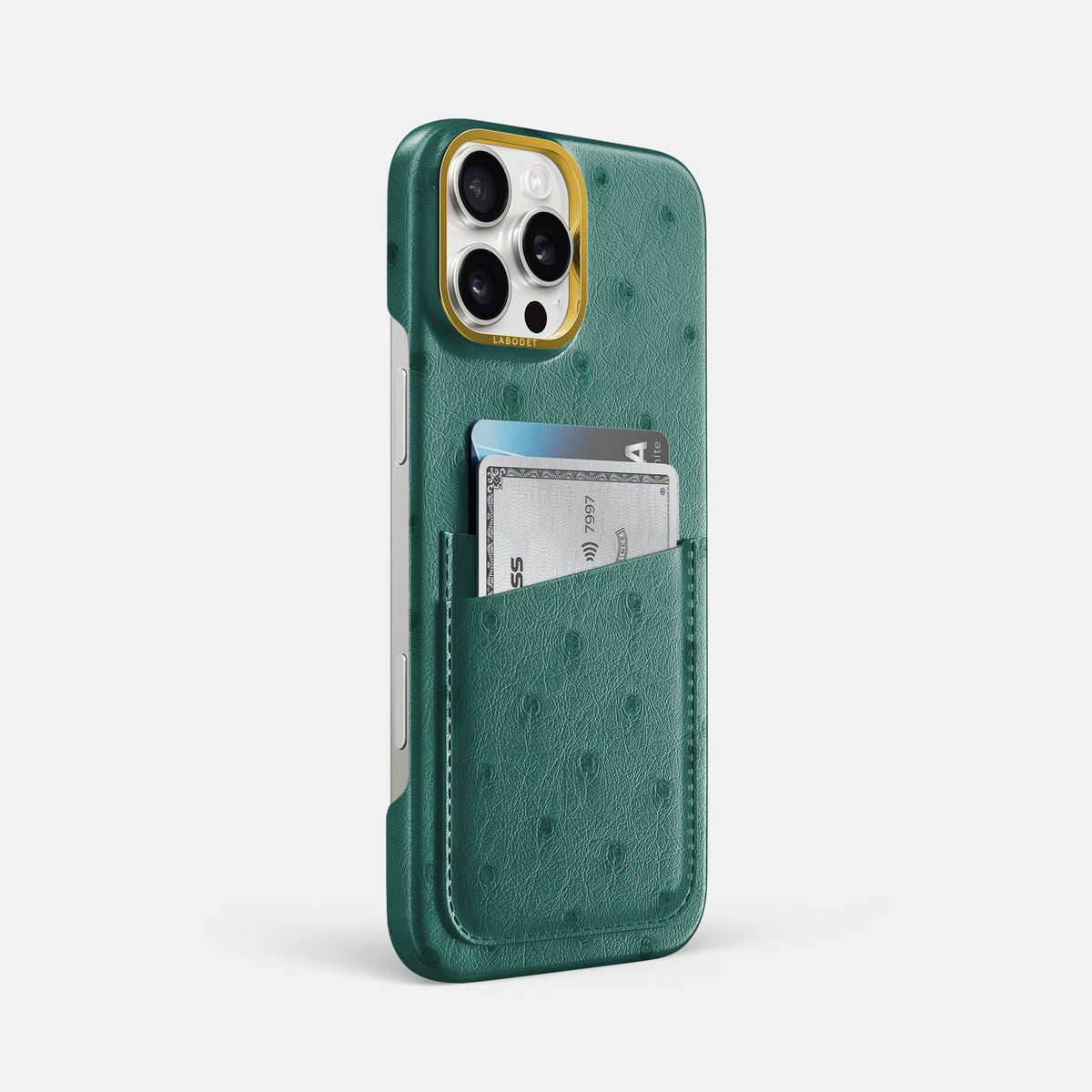 Forest-Green iPhone 16 Pro Max Card Case Ostrich with Gold Metal -2 | Forest-Green-Gold