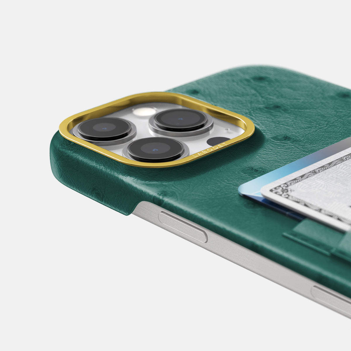 Forest-Green iPhone 16 Pro Max Card Case Ostrich with Gold Metal -5 | Forest-Green-Gold