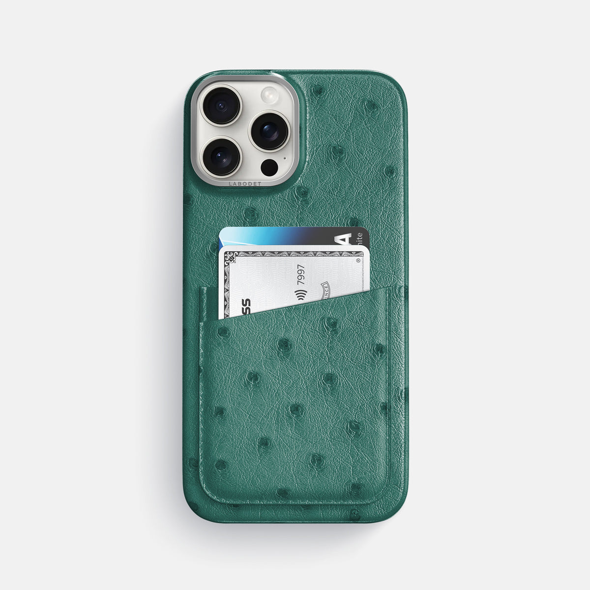 Forest-Green iPhone 16 Pro Max Card Case Ostrich with Steel Metal -1 | Forest-Green-Steel