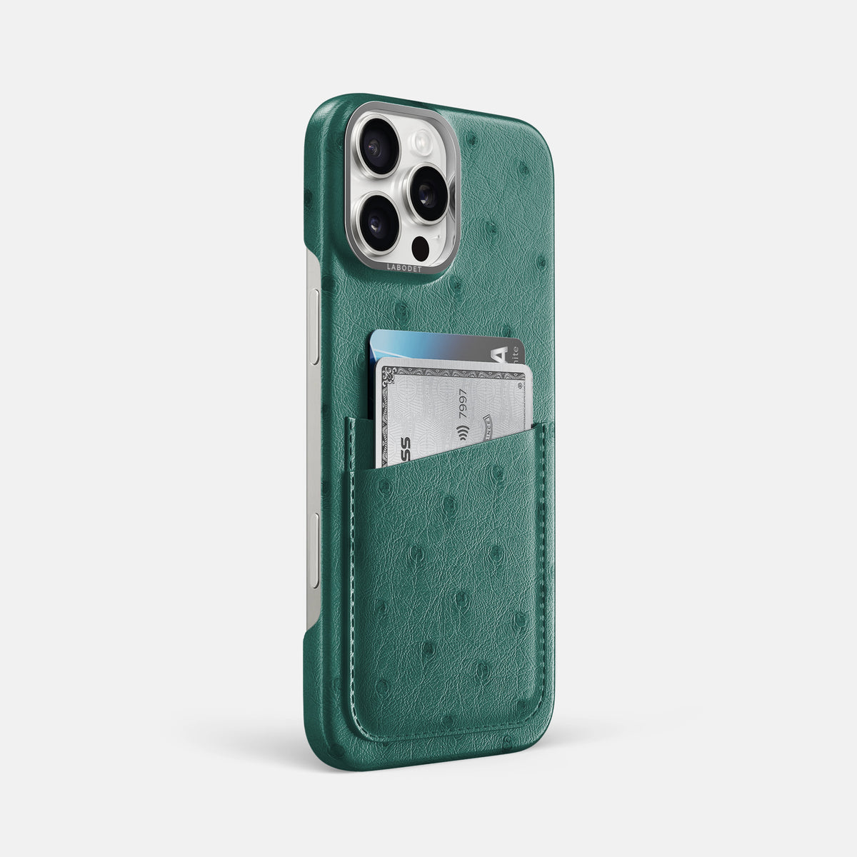 Forest-Green iPhone 16 Pro Max Card Case Ostrich with Steel Metal -2 | Forest-Green-Steel