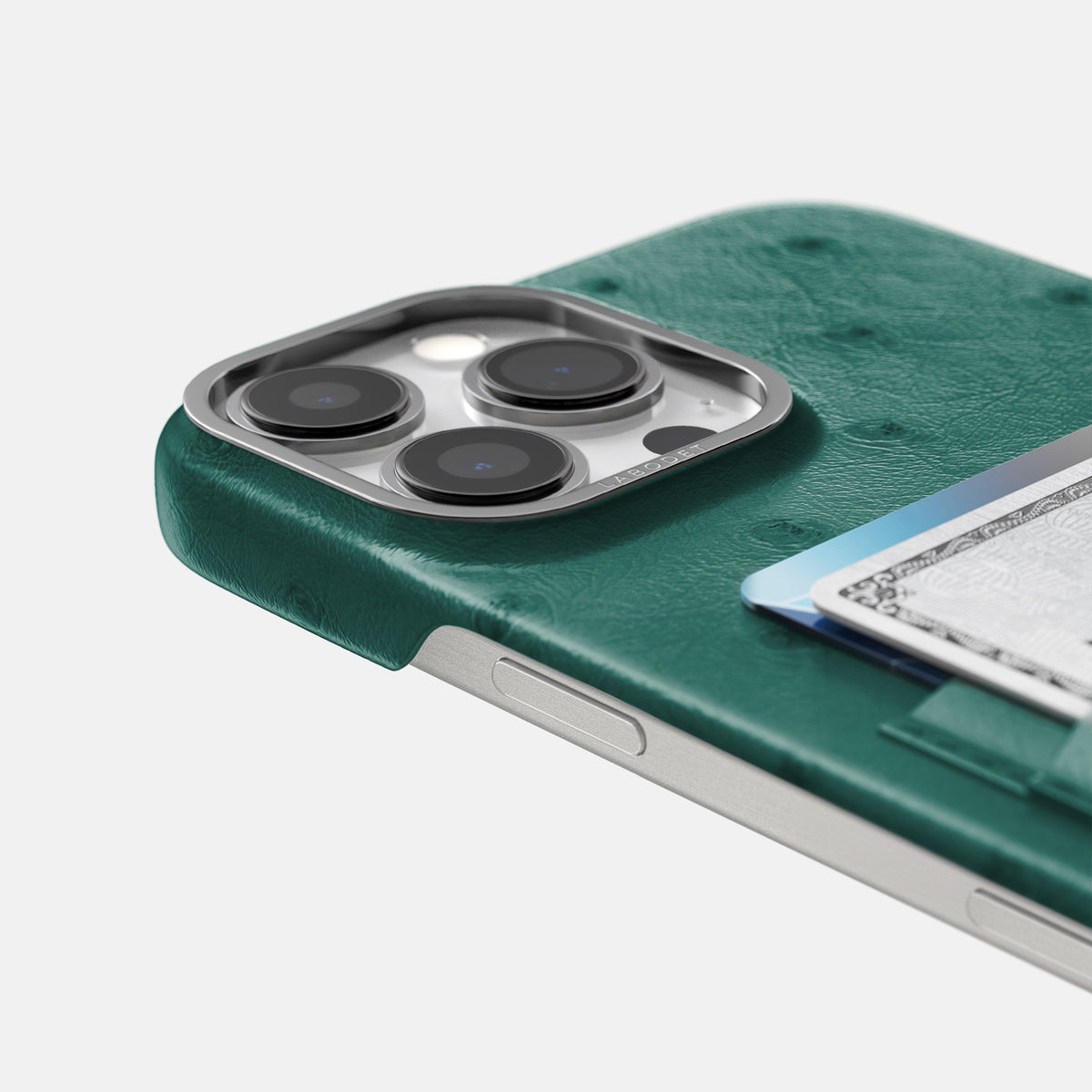Forest-Green iPhone 16 Pro Max Card Case Ostrich with Steel Metal -5 | Forest-Green-Steel