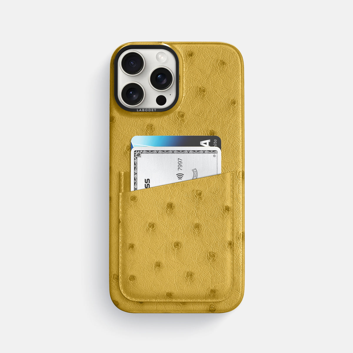 Gold iPhone 16 Pro Max Card Case Ostrich with Black Metal -1 | Gold-Black
