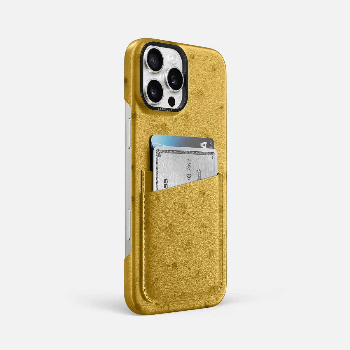 Gold iPhone 16 Pro Max Card Case Ostrich with Black Metal -2 | Gold-Black