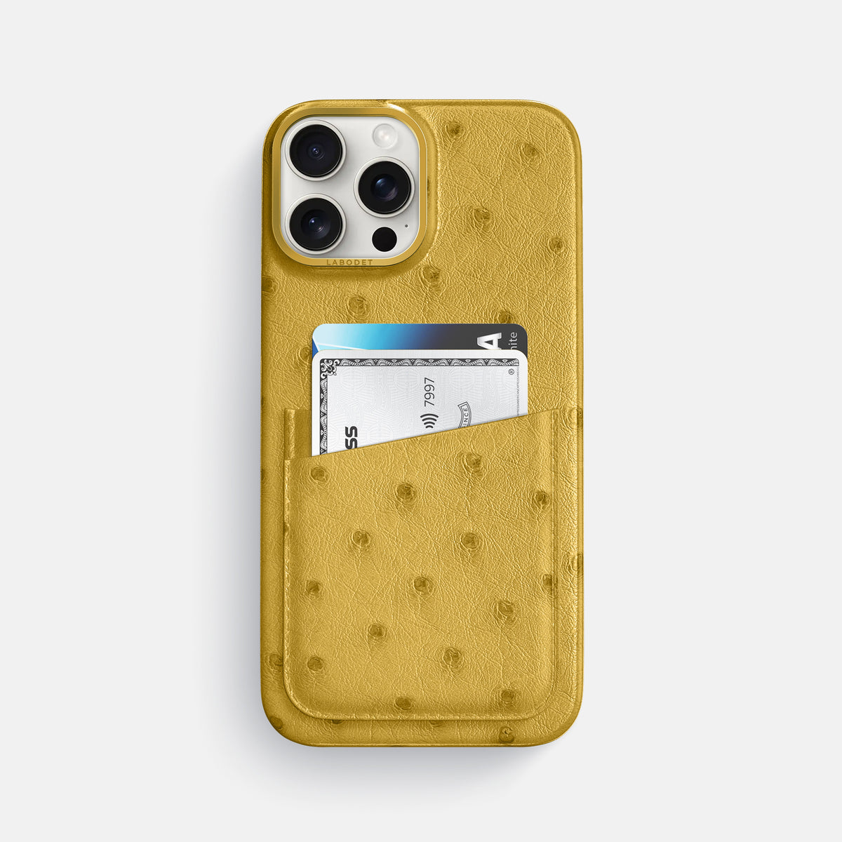 Gold iPhone 16 Pro Max Card Case Ostrich with Gold Metal -1 | Gold-Gold