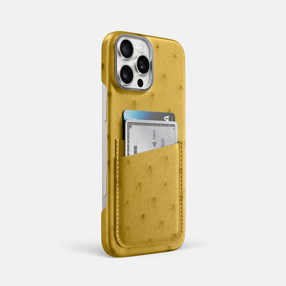 Gold iPhone 16 Pro Max Card Case Ostrich with Steel Metal -2 | Gold-Steel