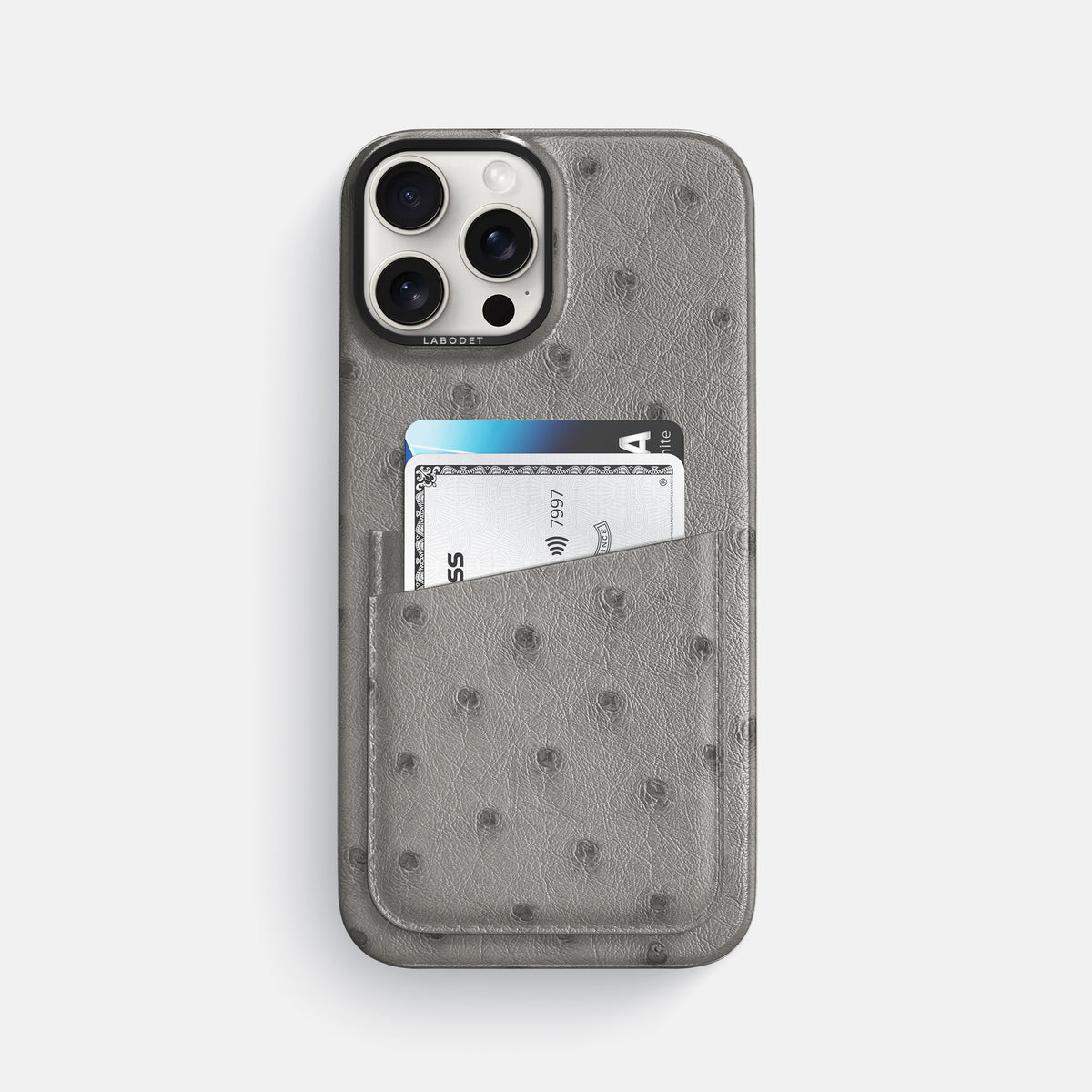 Grey iPhone 16 Pro Max Card Case Ostrich with Black Metal -1 | Grey-Black