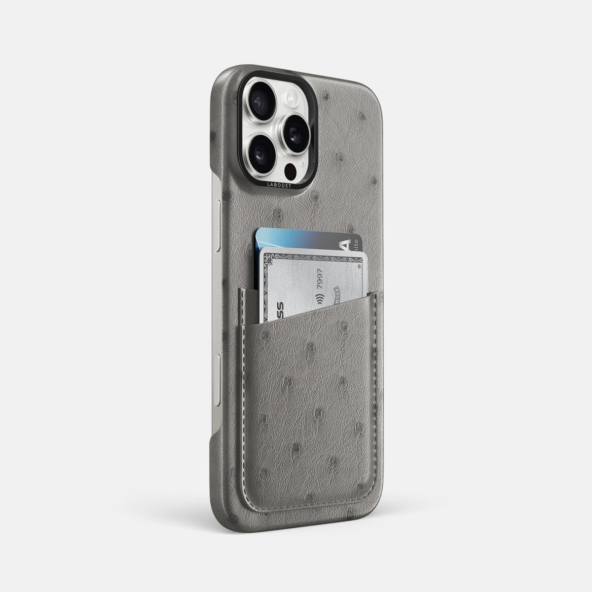 Grey iPhone 16 Pro Max Card Case Ostrich with Black Metal -2 | Grey-Black