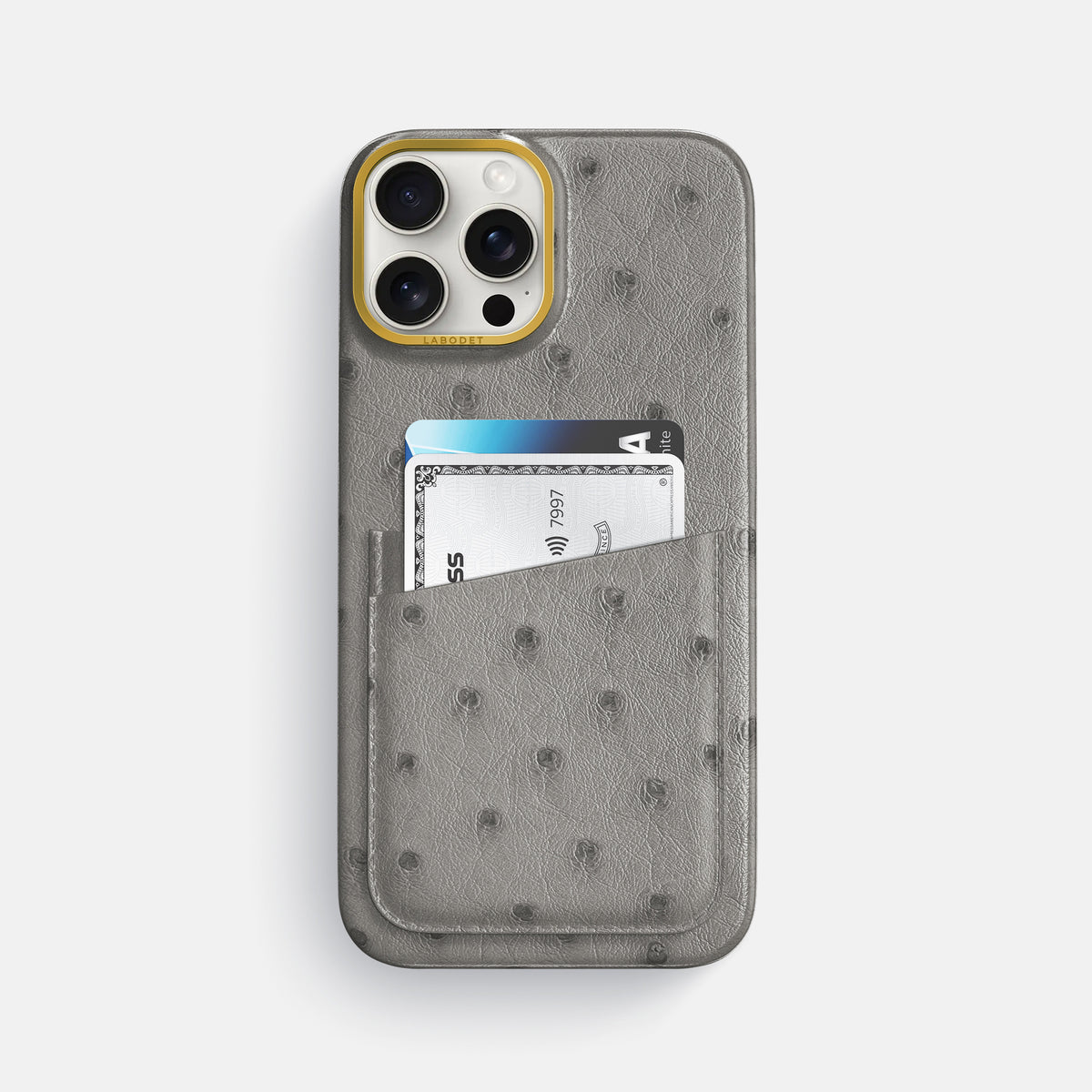 Grey iPhone 16 Pro Max Card Case Ostrich with Gold Metal -1 | Grey-Gold