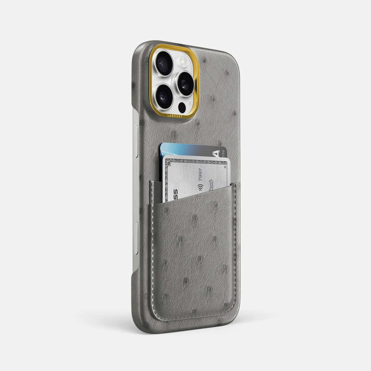 Grey iPhone 16 Pro Max Card Case Ostrich with Gold Metal -2 | Grey-Gold