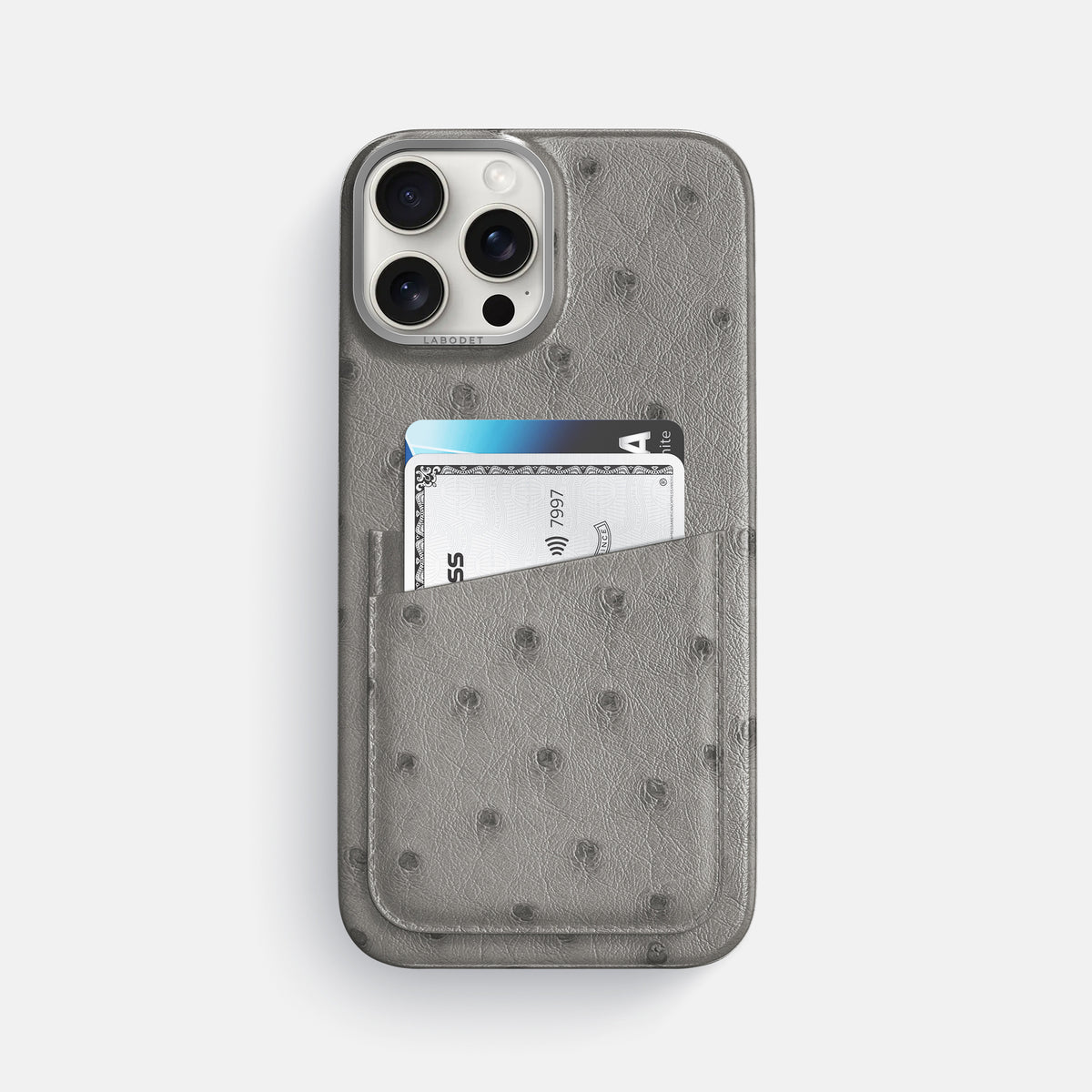 Grey iPhone 16 Pro Max Card Case Ostrich with Steel Metal -1 | Grey-Steel