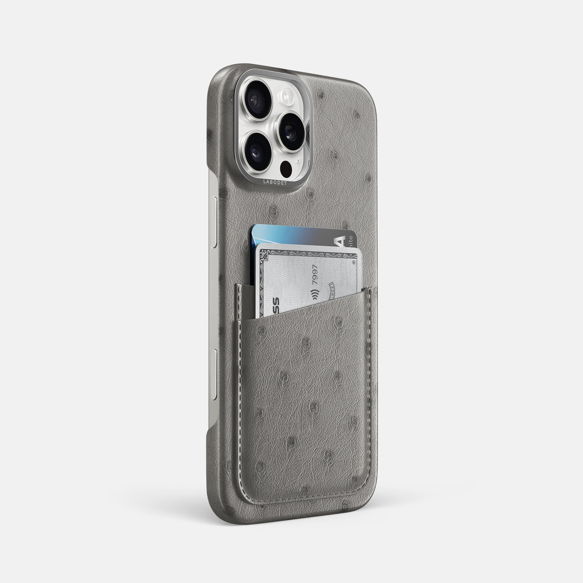 Grey iPhone 16 Pro Max Card Case Ostrich with Steel Metal -2 | Grey-Steel