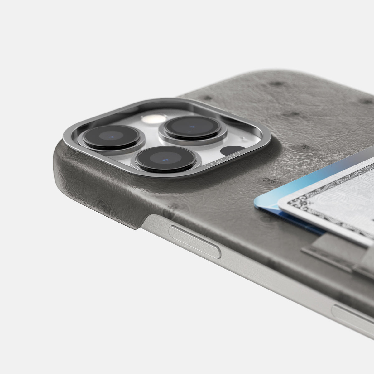 Grey iPhone 16 Pro Max Card Case Ostrich with Steel Metal -5 | Grey-Steel