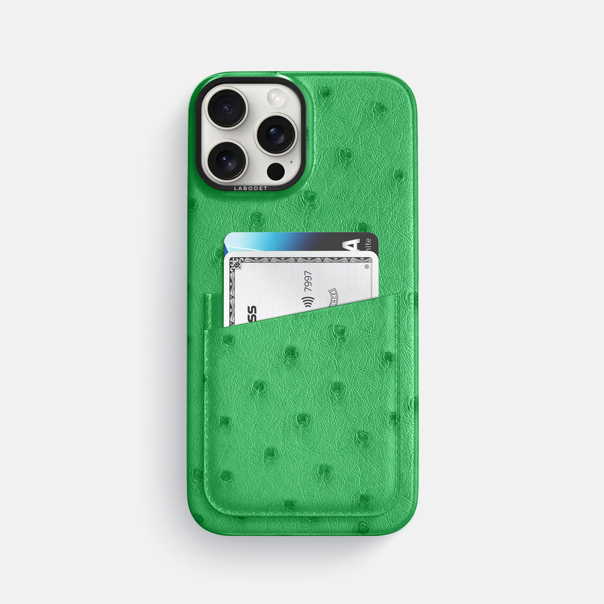 Kentucky Green iPhone 16 Pro Max Card Case Ostrich with Black Metal -1 | Kentucky-Green-Black