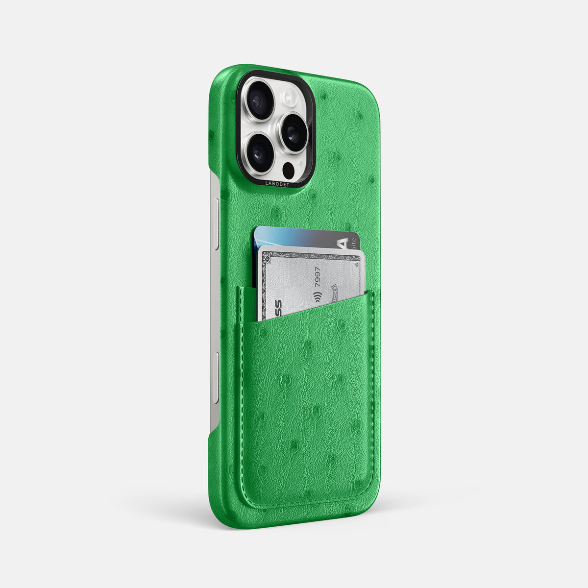 Kentucky Green iPhone 16 Pro Max Card Case Ostrich with Black Metal -2 | Kentucky-Green-Black