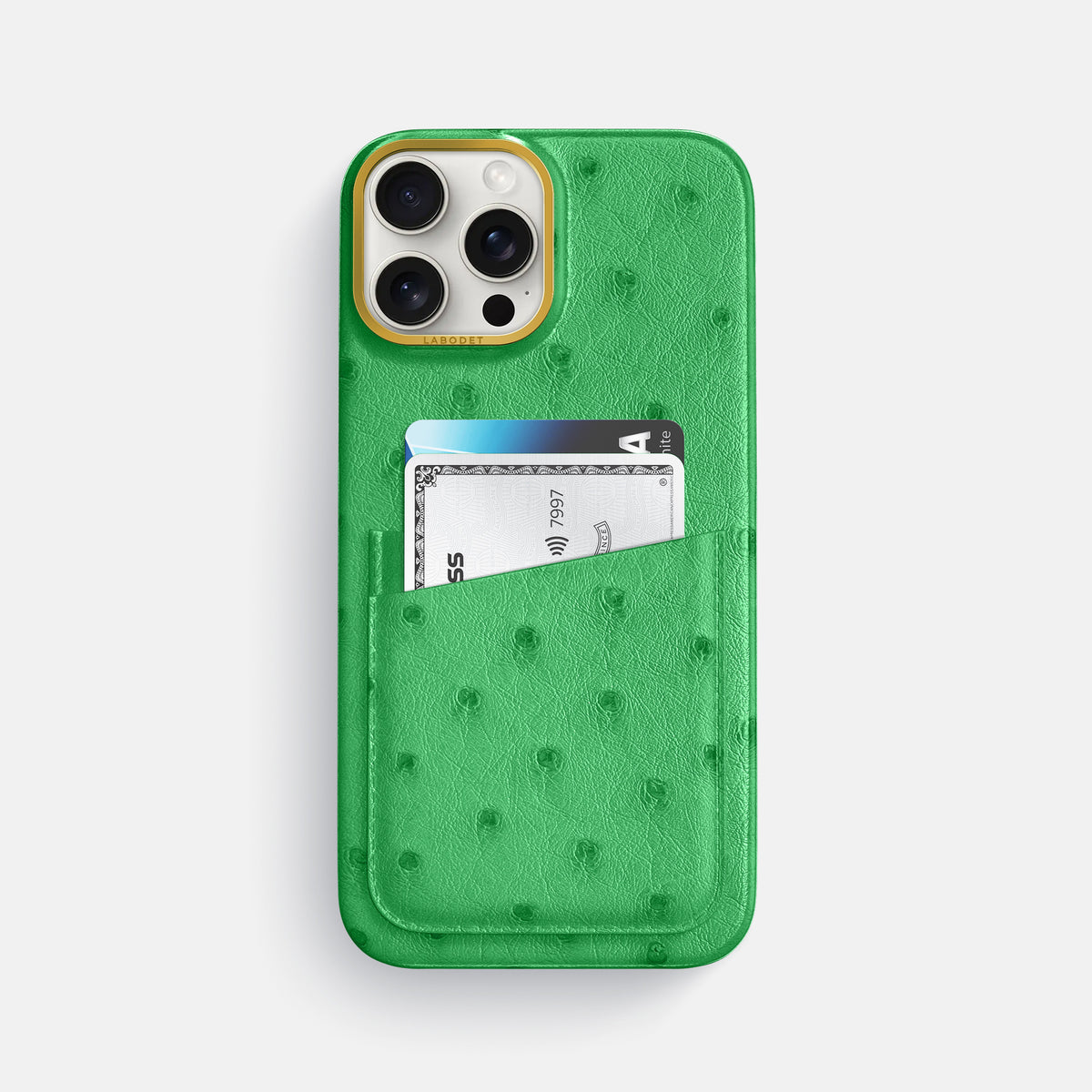 Kentucky Green iPhone 16 Pro Max Card Case Ostrich with Gold Metal -1 | Kentucky-Green-Gold