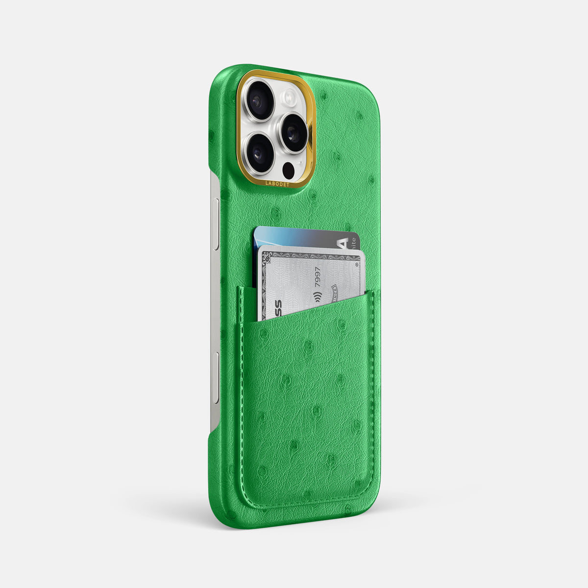 Kentucky Green iPhone 16 Pro Max Card Case Ostrich with Gold Metal -2 | Kentucky-Green-Gold