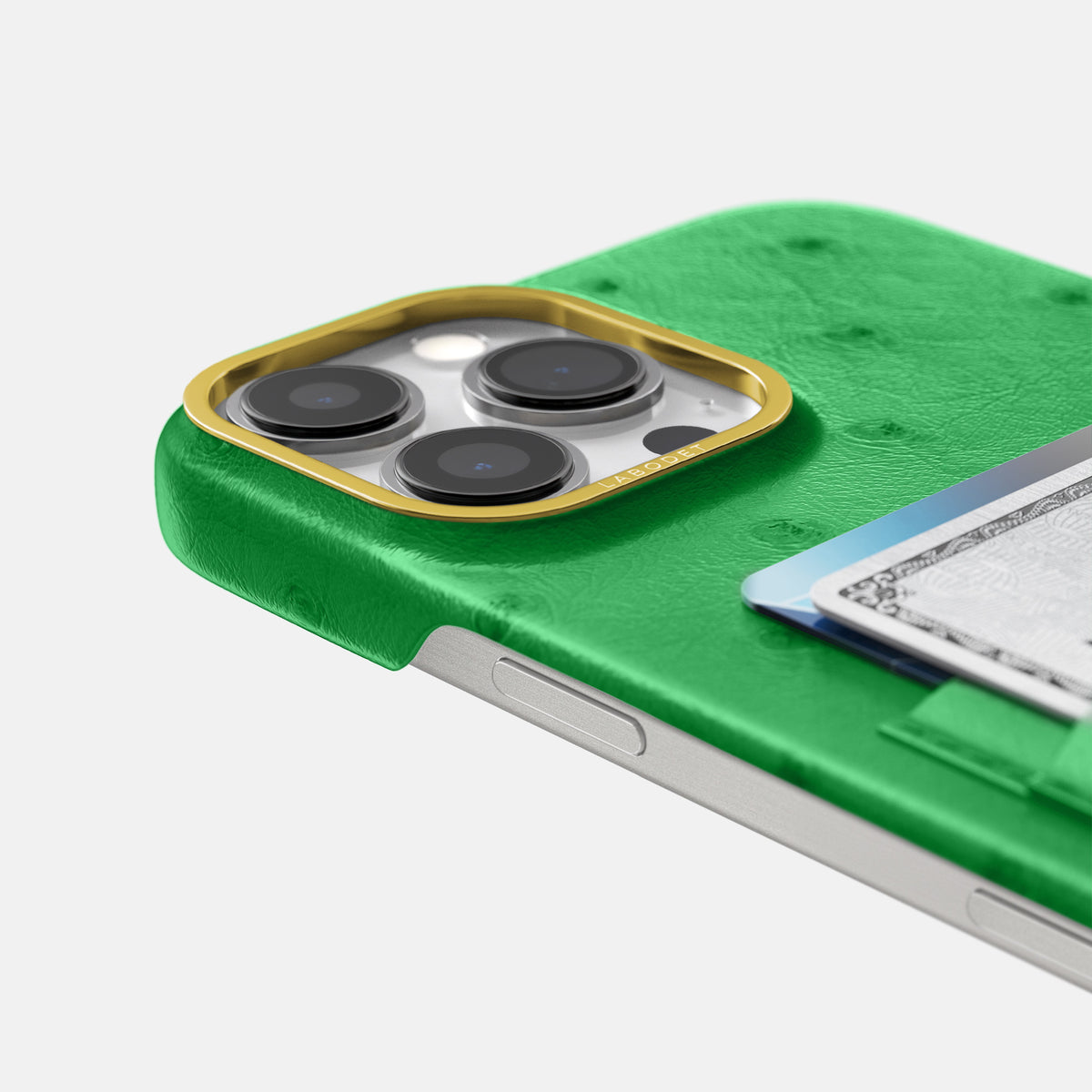 Kentucky Green iPhone 16 Pro Max Card Case Ostrich with Gold Metal -5 | Kentucky-Green-Gold
